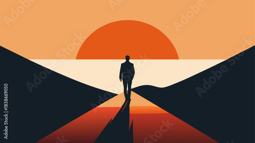 Silhouette of Man Walking Toward Geometric Star Shape