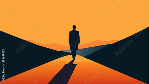 Silhouette of Man Walking Toward Geometric Star Shape