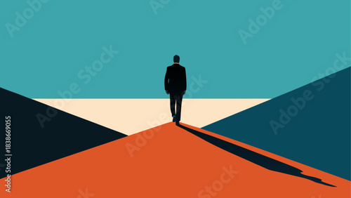 Silhouette of Man Walking Toward Geometric Star Shape