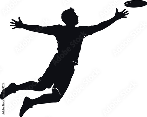 Silhouette of an athlete jumping to catch a flying disc in mid-air, showcasing dynamic movement and athletic prowess