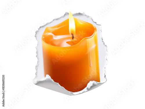 Realistic orange candle with bright flame on a transparent background