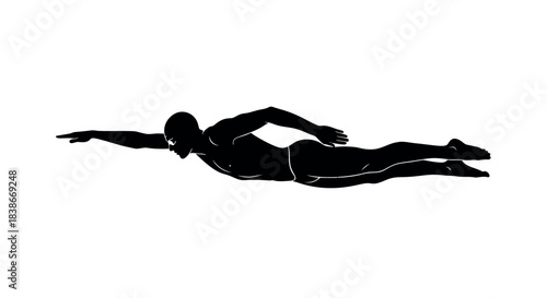 Silhouette of a swimmer performing the butterfly stroke in a swimming pool, isolated on white background