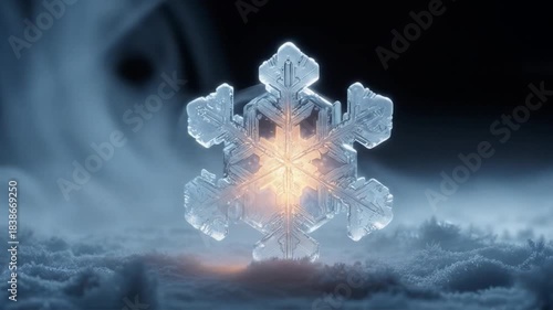 Mesmerizing snowflake video with warm glow against a backdrop of swirling smoke