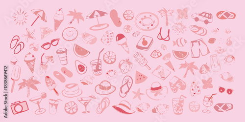 A playful pink doodle collection featuring summer icons and whimsical illustrations