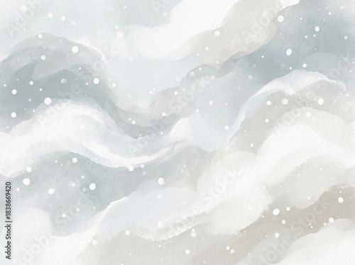 雪と雲が舞う幻想的な冬の水彩背景イラスト