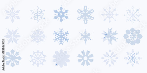 Collection of delicate blue snowflakes displaying unique and intricate crystalline patterns
