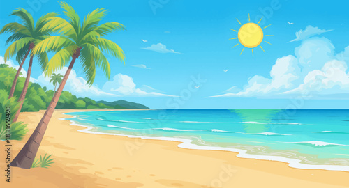 Sunny tropical beach glowing under bright daylight. Warm seaside scene with clear sky and gentle waves. Golden sandy beach under radiant summer sun. Vibrant coastal view with sparkling blue water
