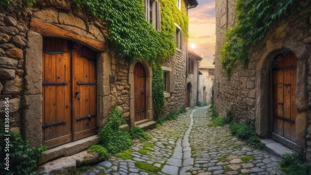 Fototapeta premium Charming Cobblestone Alley in an Ancient European Village at Sunset.