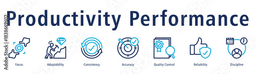 Productivity performance icon vector symbol representing focus, hard work, consistency, quality control, reliability, and discipline.