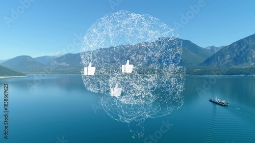 Wireframe brain appearing over lake, causing web lighting and likes lining up, showing approval