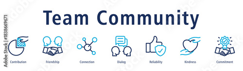 Team community icon vector concept featuring collaboration, support, communication, kindness, reliability, and group harmony.