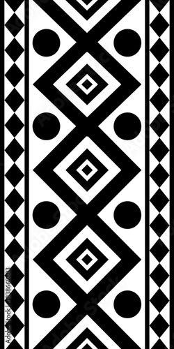 A seamless geometric pattern featuring circles, diamonds, squares, and lozenges arranged in horizontal and vertical bands on a clean white background, inspired by native tribal textile motifs