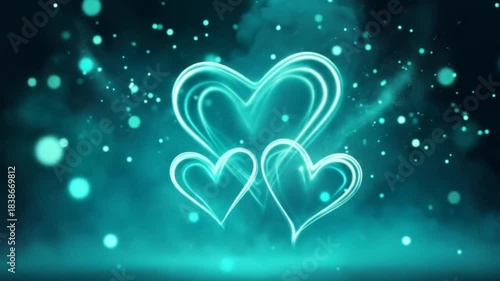 Romantic Cyan Hearts Floating with Sparkling Particle Effects in Abstract Background