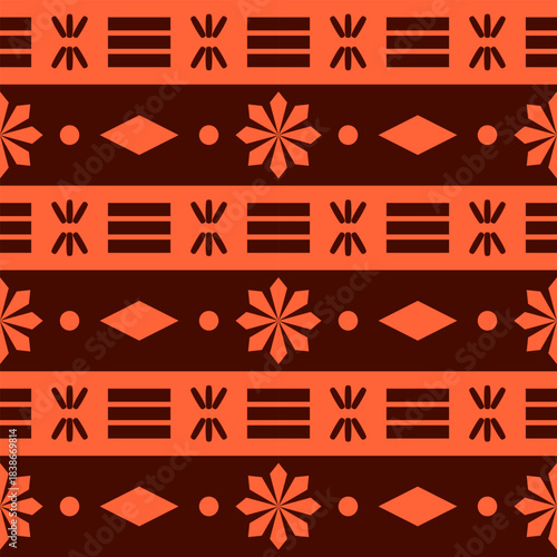 A seamless tribal pattern in warm orange-brown tones, featuring diverse geometric shapes such as circles, florals, bursts, squares, diamonds, lines, and torch-like motifs inspired by Native-style