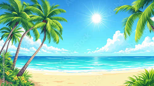 Bright tropical beach with strong sun and clear water. Summer ocean scene with palm trees and sunburst sky. Vibrant island coast under clear blue summer sky. Hot sunny tropical beach with crystal clea