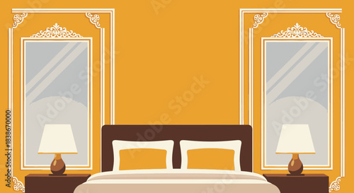 A luxurious and inviting bedroom interior features a comfortable bed, stylish nightstands, lamps, and ornate mirrors on a warm yellow wall.
