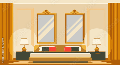 A luxurious bedroom interior features a comfortable bed, elegant nightstands, decorative lamps, two ornate golden mirrors, and rich drapes, exuding comfort.