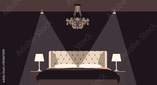 A luxurious modern bedroom interior with a tufted headboard, bedside lamps, and a chandelier, creating a sophisticated ambiance.
