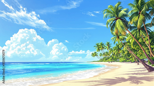 Warm tropical beach with soft sunlight and palm trees. Golden tropical coast under soft summer sky. Peaceful island beach with glowing horizon. Serene seaside with palms and smooth water reflection