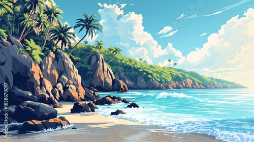 Lush tropical cliff beach with clear blue ocean. Green island shoreline with rocky coast and calm waves. Tropical forest cliffs above bright crystal water. Exotic jungle coast with rocky shore