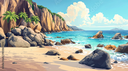 Rocky tropical beach with clear water and bright clouds. Exotic island shore with stones, palms, and blue sky. Sunny coastal rocks with tropical ocean atmosphere