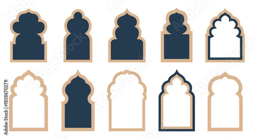 Islamic and Moroccan Arch Designs, a detailed vector collection featuring diverse arch shapes and intricate motifs suitable for decorative backgrounds, architectural concepts