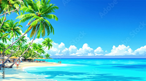 Peaceful tropical ocean with palm trees and clear sky. Serene island seascape with calm blue water. Minimal tropical shoreline with soft ocean reflection. Quiet tropical coast