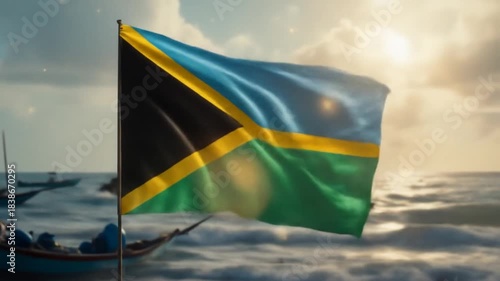 Tanzania flag waves gently over the sea with boats during golden sunset hours, a tranquil coastal