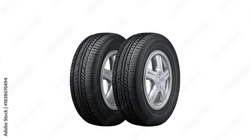 Obraz premium Two High-Quality Car Tires with Alloy Rims Isolated on a White Background