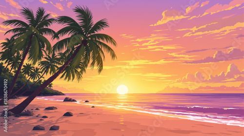 Warm golden sunset on tropical palm beach. Peaceful island sunset with soft ocean waves. Sunset paradise with glowing horizon and palm trees. Tropical seaside glowing under golden sky
