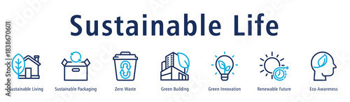 Sustainable Life web banner icon vector illustration with icons of Sustainable Living, Sustainable Packaging, Zero Waste, Green Building, Green Innovation, Renewable Future, and Eco Awareness.