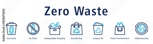 Zero Waste web banner icon vector illustration with icons of Zero Waste, No Plastic, Biodegradable Packaging, Reusable Bag, Compost Bin, Plastic-Free Movement, and Global Recycling.
