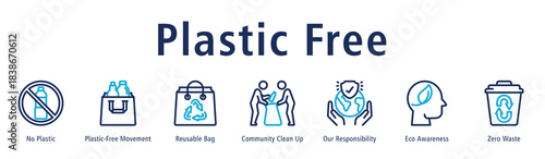 Plastic Free web banner icon vector illustration with icons of No Plastic, Plastic-Free Movement, Reusable Bag, Community Clean Up, Our Responsibility, Eco Awareness, and Zero Waste.