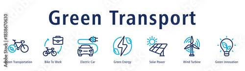 Green Transport web banner icon vector illustration with icons of Green Transportation, Bike to Work, Electric Car, Green Energy, Solar Power, Wind Turbine, and Green Innovation.