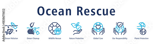 Ocean Rescue web banner icon vector illustration with icons of Ocean Pollution, Ocean Cleanup, Wildlife Rescue, Nature Protection, Global Care, Our Responsibility, and Planet Protection.