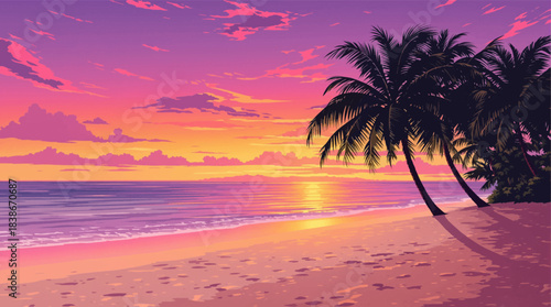 Tropical sunset beach with palm trees and golden sky. Serene tropical shoreline at vibrant sunset. Exotic palm beach glowing in sunset colors. Peaceful island coast under dramatic sunset