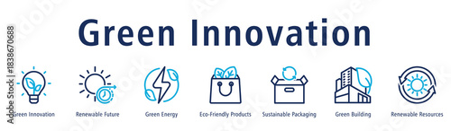 Green Innovation web banner icon vector illustration with icons of green innovation, renewable future, green energy, eco-friendly products, sustainable packaging and green building