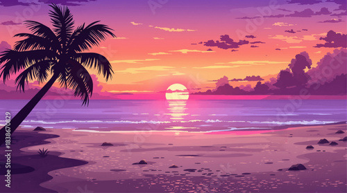Soft pink sunset over calm tropical shoreline. Dreamy pastel sunset with smooth ocean horizon. Peaceful evening beach with gentle sunset glow. Romantic pink sunset across quiet tropical coast