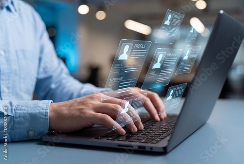 Recruiter searching digital resumes on laptop with holographic candidate profiles