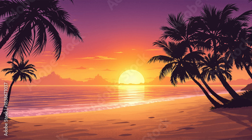 Golden tropical sunset framed by tall palm trees. Warm beach sunset with glowing sun reflection. Peaceful island sunset with golden ocean tones. Romantic palm beach sunset with calm water