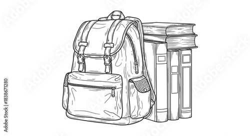A detailed hand-drawn illustration featuring a classic school backpack standing beside a neat stack of old textbooks, perfect for educational themes and back-to-school designs.