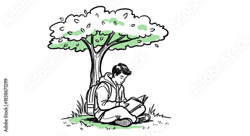 A young person sits calmly under a vibrant green tree, engrossed in reading a book, backpack beside them, capturing a peaceful scene of outdoor study.