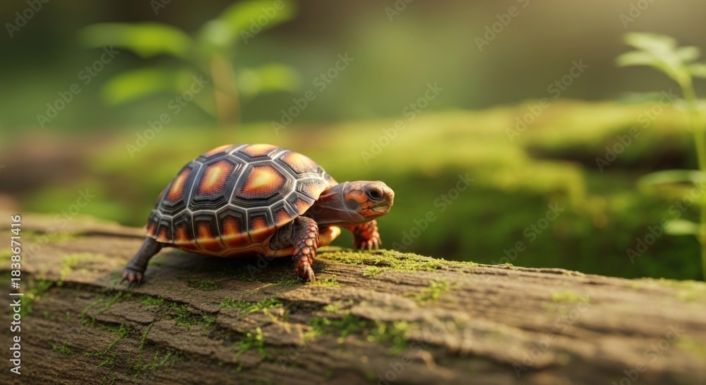 Obraz premium A vibrant, small turtle with an orange and brown shell on a moss-covered log