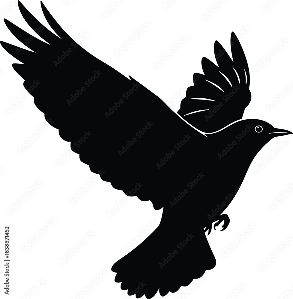Fototapeta premium Flying Bird Black Silhouette Vector Graphic, Raven or Crow Winged Animal in Flight Stance, Freedom and Nature Concept Design Element for Logo, Sticker, and Decal Projects, Isolated on White