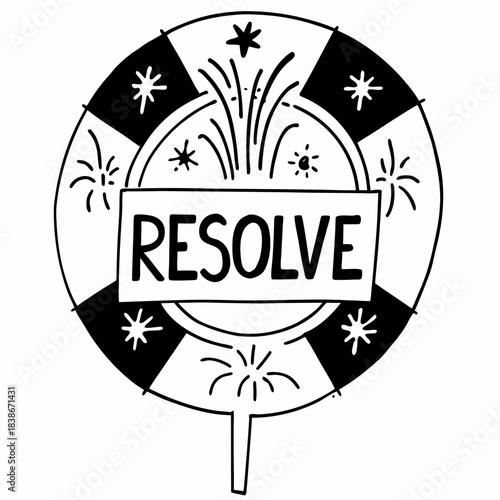 Hand drawn illustration of the word resolve with fireworks and stars