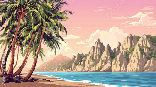 Pink sunset beach with palm trees and calm ocean. Romantic tropical sunset with soft sky and sea reflection. Pastel beach sunset with dreamy island atmosphere