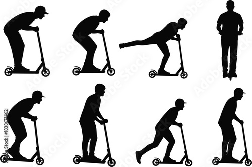 Freestyle Kick Scooter Rider Silhouette Set, Man in Various Poses, Urban Sport, Extreme Activity, and Modern Transportation Icon, Isolated Vector Design