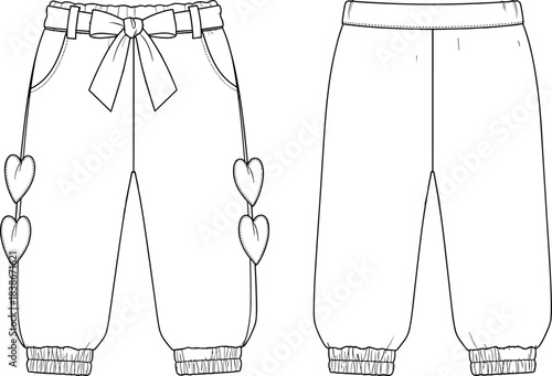 Girls' Fashion Trousers with Heart Appliqués, Bow Waist, and Elastic Cuffs, CAD Drawing Flat Vector Illustration
