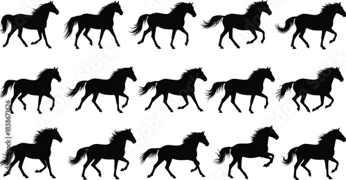 Galloping horse animation sprite sheet vector silhouette set, showing various running and trotting motions for game design, cartoon, or sports project visual assets.