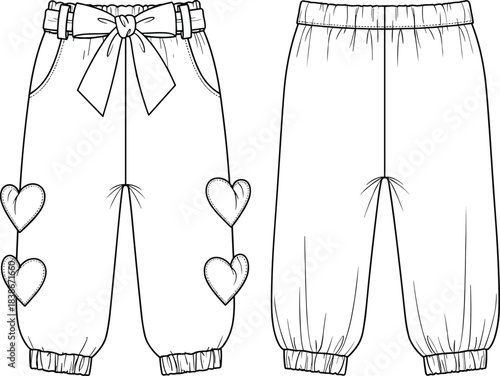 Girls' Jogger Pants CAD Drawing, Featuring an Oversized Waist Bow and Heart Appliqué Details, Technical Flat Vector Illustration for Fashion Tech Pack Design